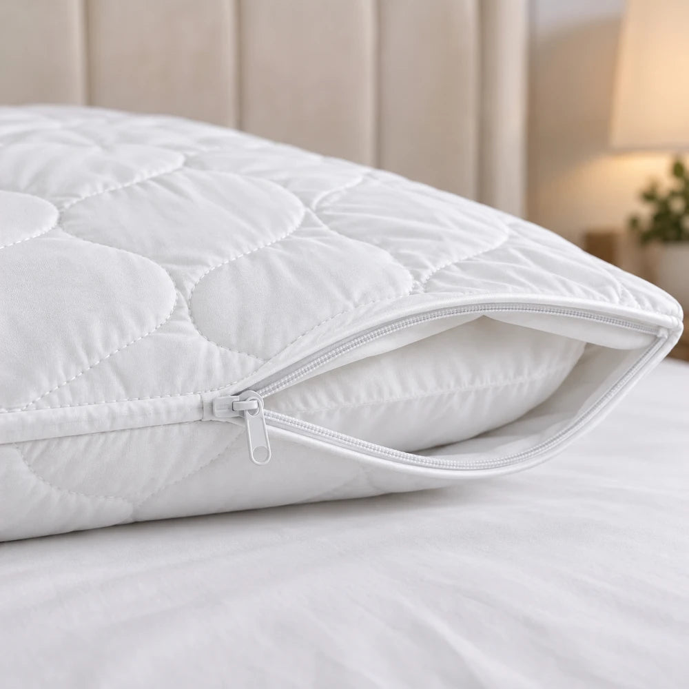 Tela Milano King Pillow Protector in white with quilted pattern and zipper closure, protects pillow from spills and stains.