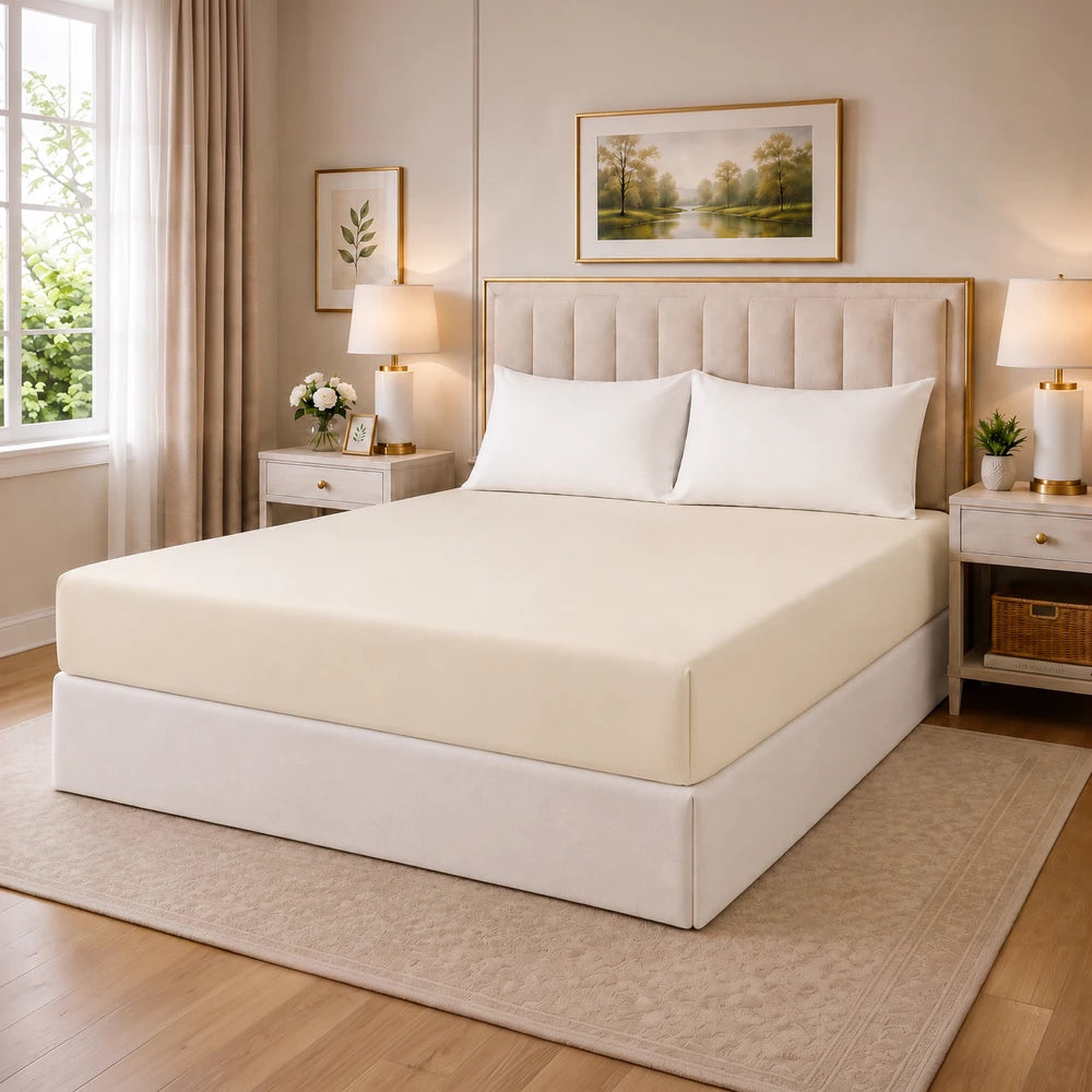 Tela Milano microfibre fitted sheet in cream color on a neatly made bed with matching pillowcases.