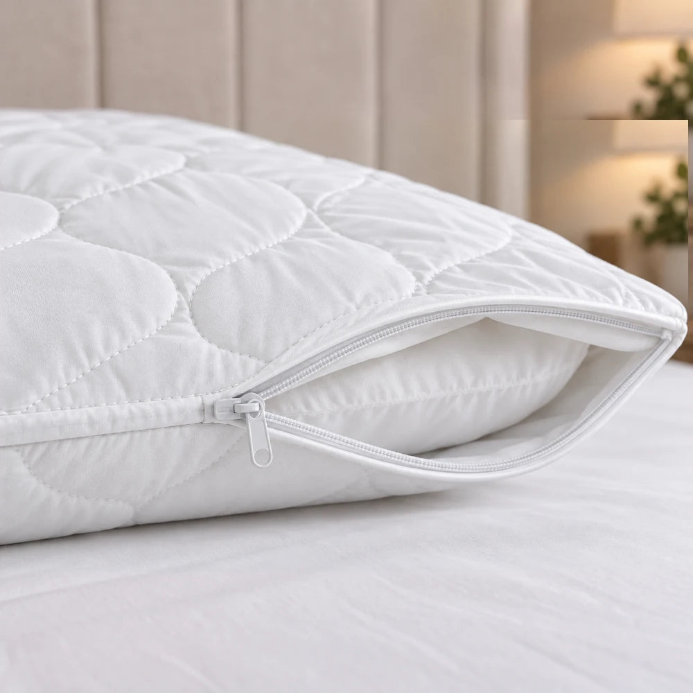 Tela Milano Quilted Pillow Protector in white, features a visible quilted pattern and secure zipper.