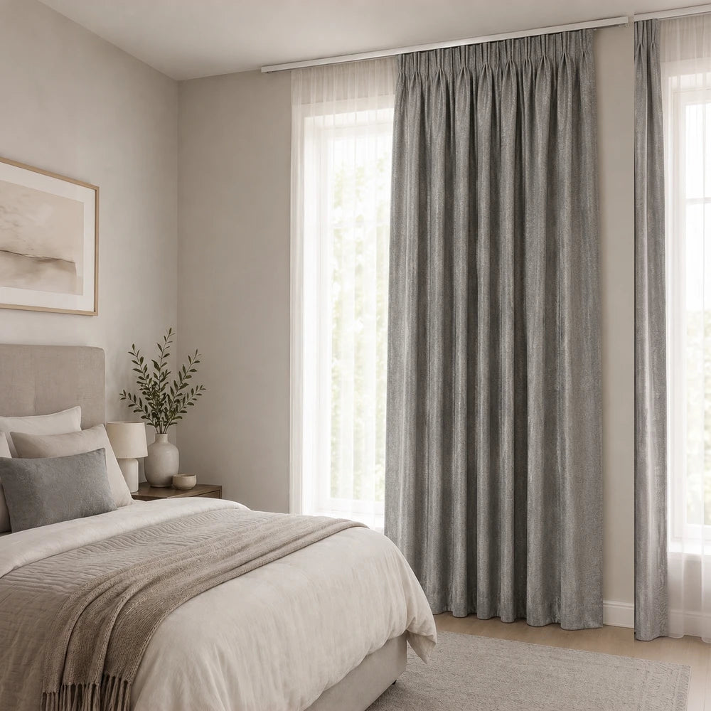 Textured blockout window curtain in grey fabric with blackout lining, ideal for bedrooms and living rooms