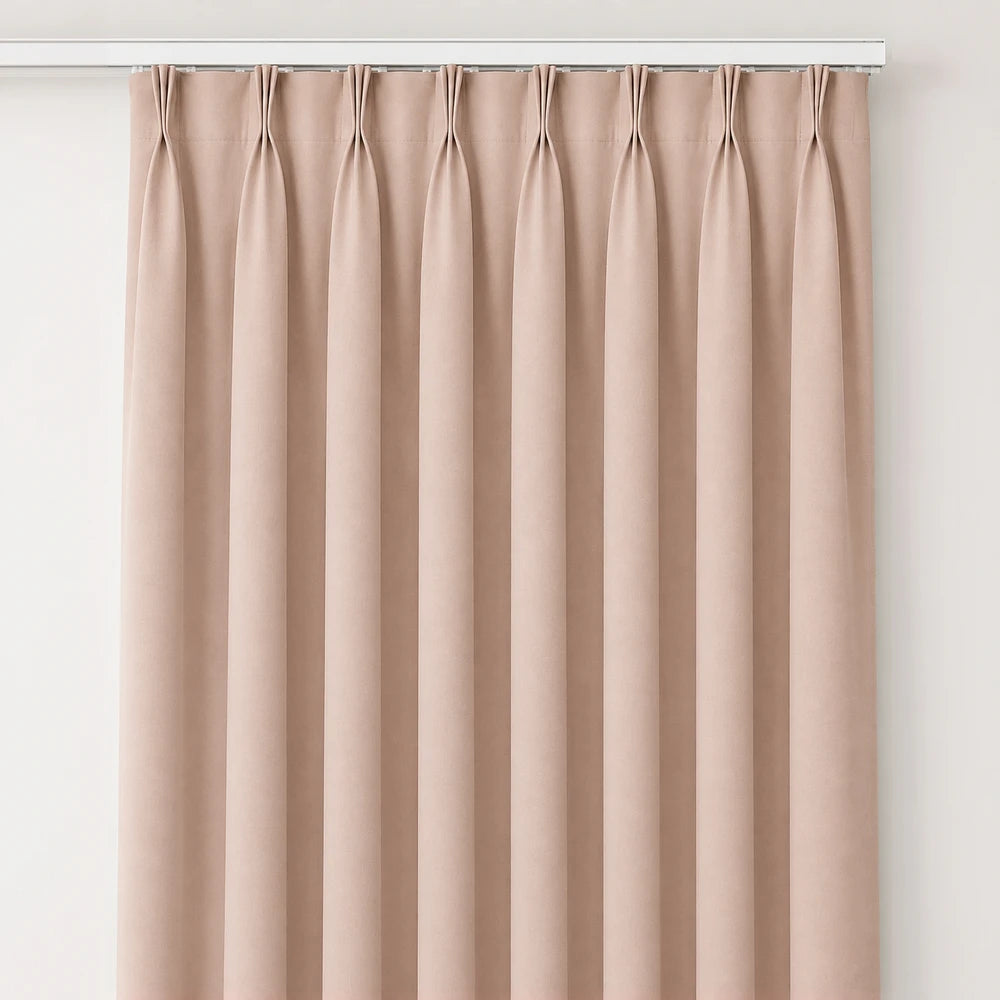 The Bahamas Unlined Taped Curtain in blush pink with a soft full-length drape and taped header for a clean, modern look.