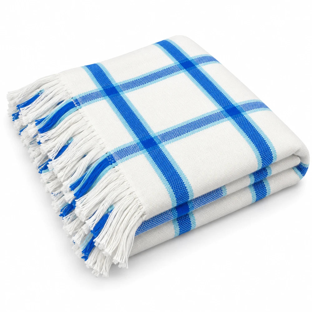 Traditional Frilled Check Blanket: white with blue plaid pattern, soft woven throw with fringed edges for cozy use.