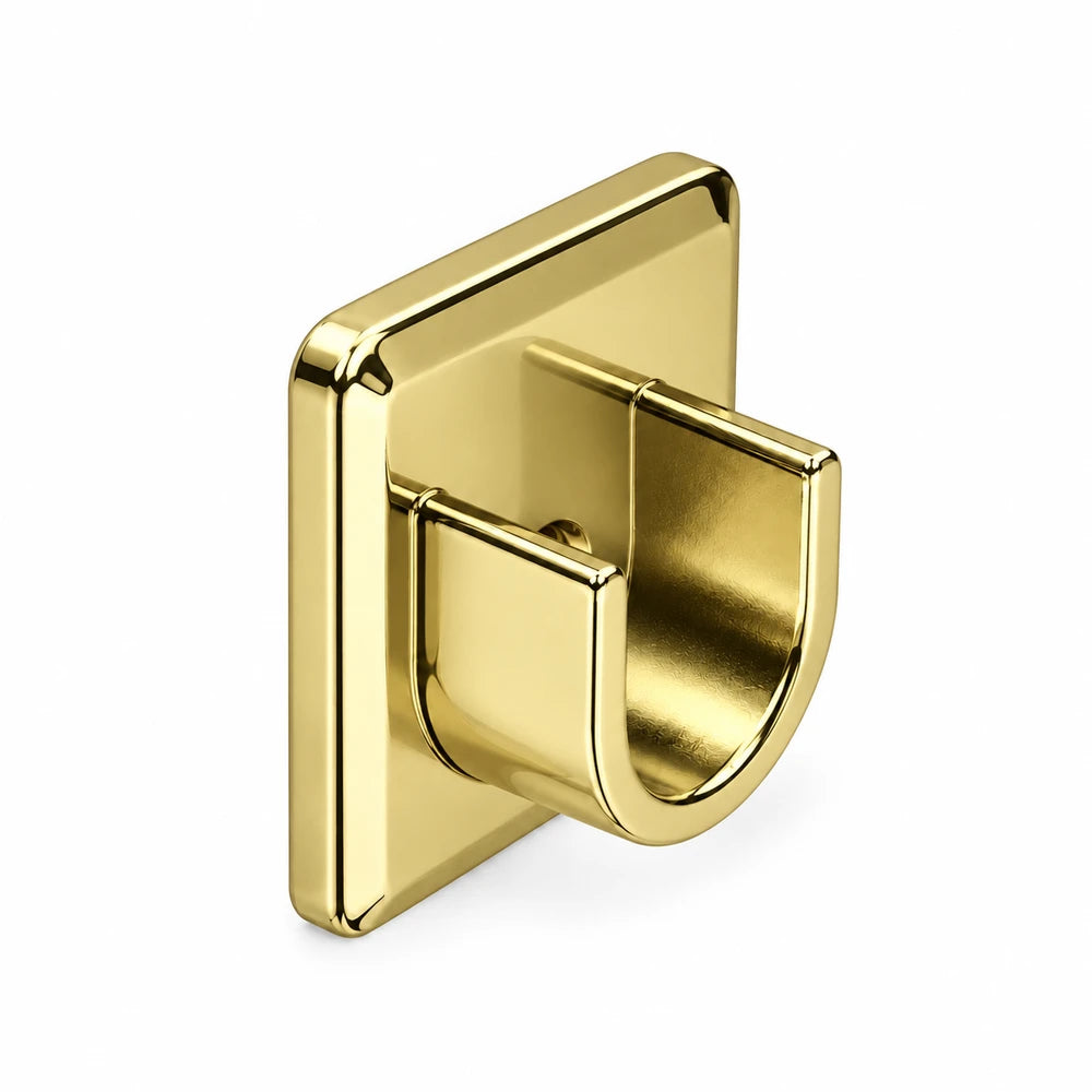 U-Inside Pole Bracket with gold finish and polished metal, wall-mount bracket for securing indoor poles.
