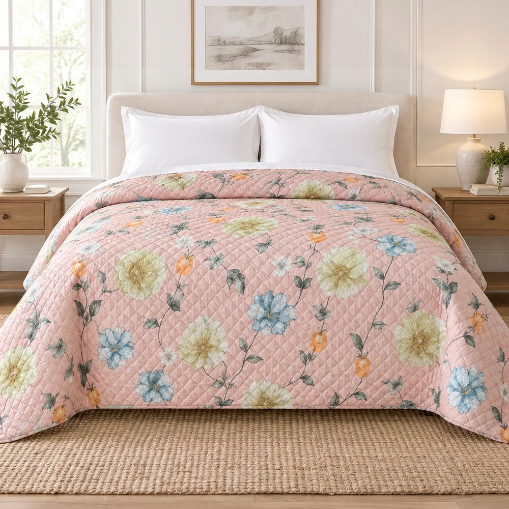 Ultrasonic 1-Piece Printed Quilt in pink with a floral pattern and quilted texture, 220 x 200cm