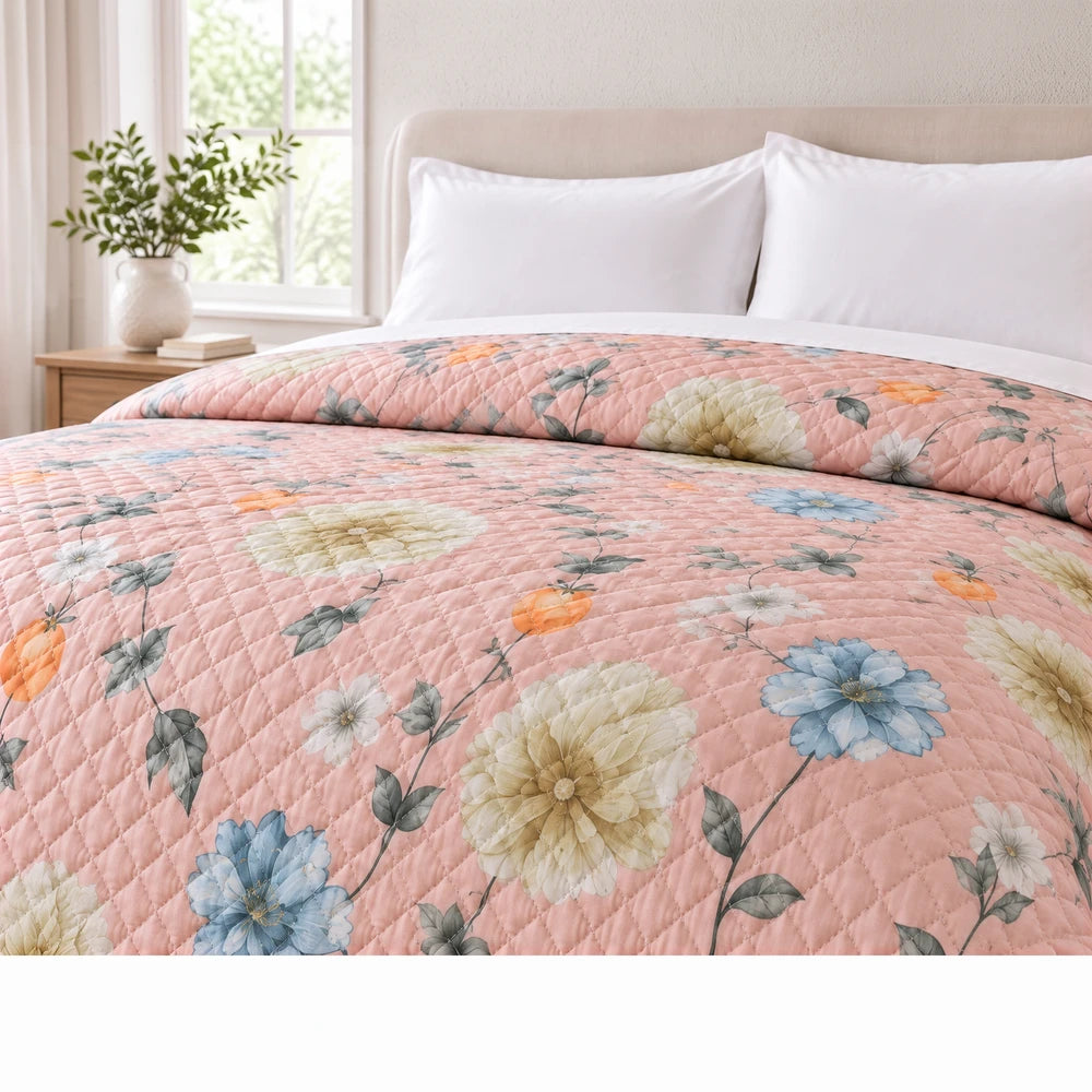 Ultrasonic 1-Piece Printed Quilt in pink with large yellow, blue and white floral pattern; quilted texture, 220 x 200 cm