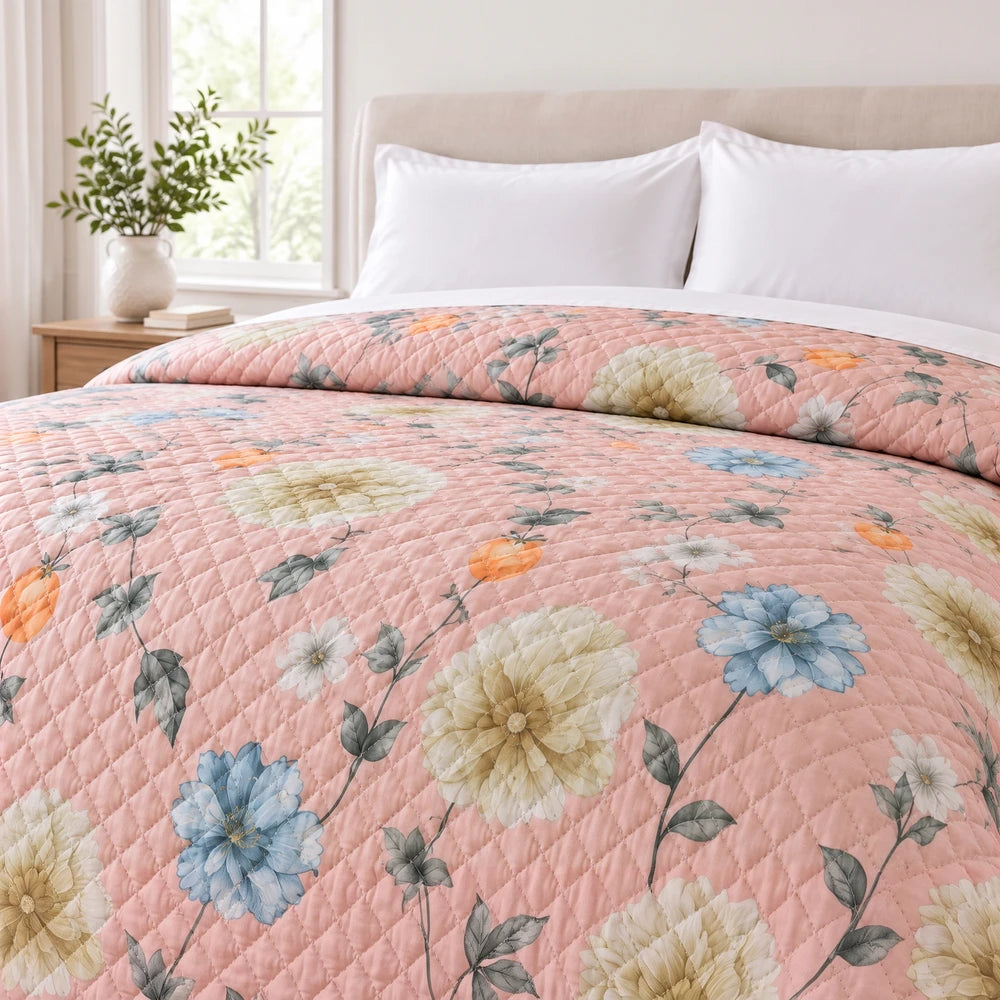 Ultrasonic 1-Piece Printed Quilt in pink with blue and yellow floral pattern, quilted for soft bedding and warmth.