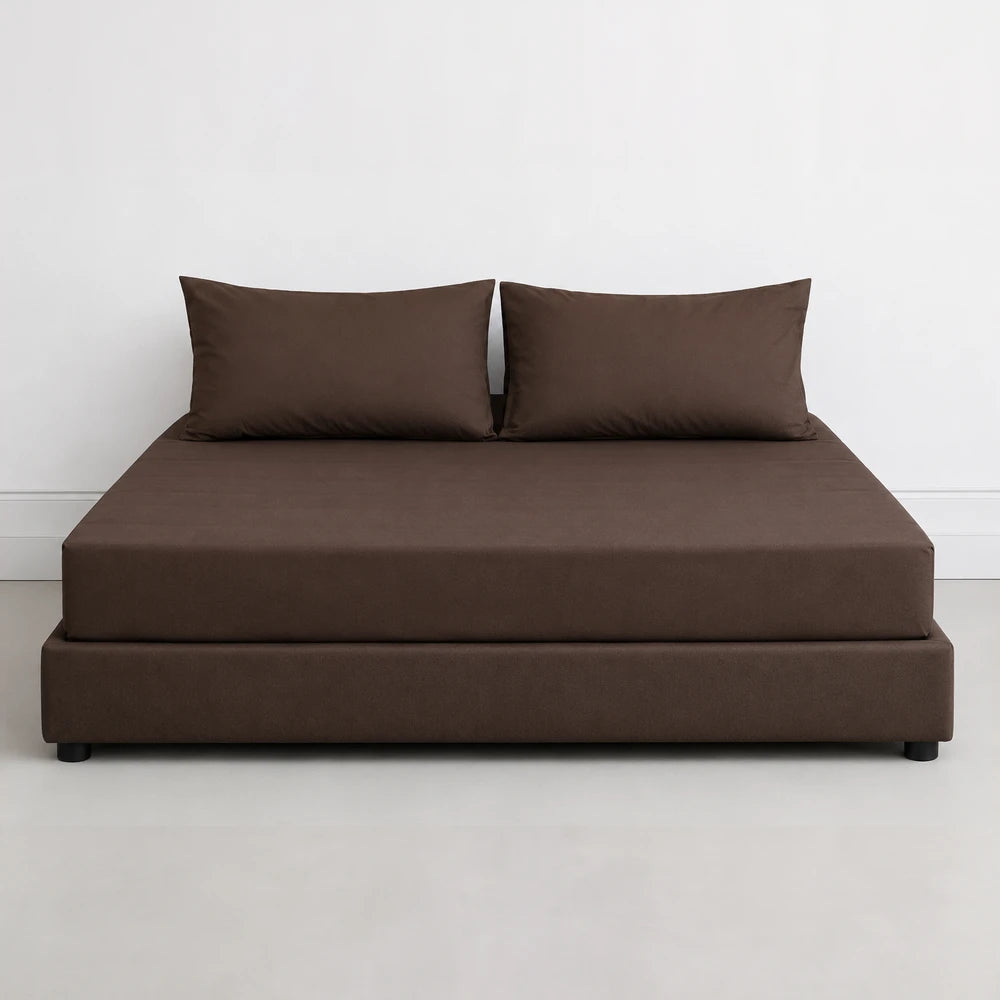 Whisper Soft Microfibre Easybed Combo Set in brown with a low-profile platform bed frame and two matching pillows.