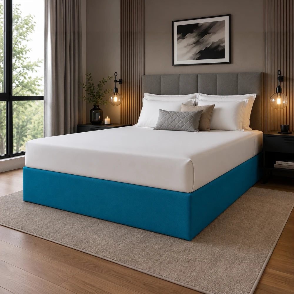 Whisper Soft Microfibre Bedwrap in bright blue on a platform bed with white sheets and a gray headboard