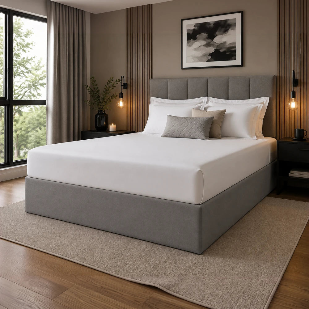 Whisper Soft Microfibre Bedwrap on a grey upholstered bed frame with white sheets and neutral pillows in a modern bedroom.