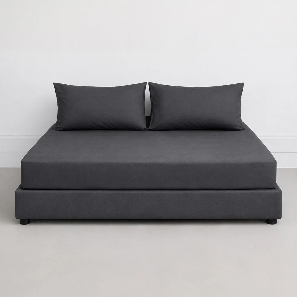 Whisper Soft Microfibre Easybed Combo Set bed frame with dark gray upholstery, mattress, and two pillows for a cohesive