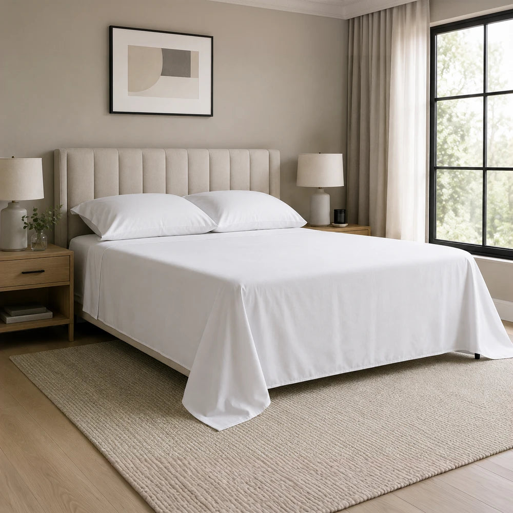 Whisper Soft Microfibre Flat Sheet in white on a neatly made bed with a beige upholstered headboard.