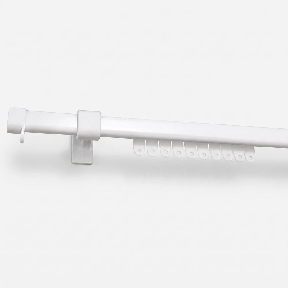 White C-Track plastic single bracket pair curtain rod with multiple hooks. Durable plastic design for easy curtain hanging.