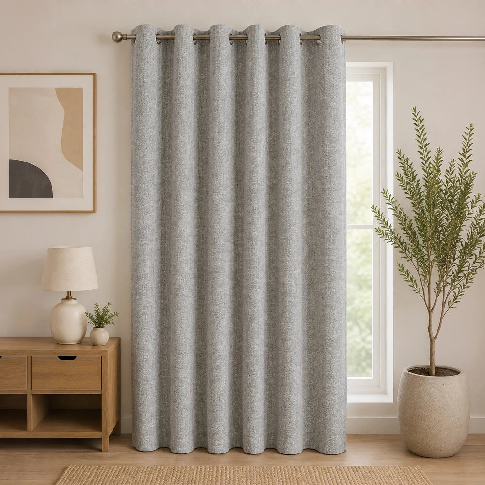 Woven Athens Textured Eyelet Unlined Curtain in grey with a subtle weave, metal eyelet header, and floor-length drape for a